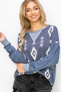 Aztec Printed Contrast Long Sleeve Top