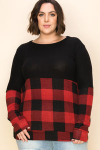 Curvy Half Plaid Long Sleeve Boat Neck Top