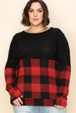 Curvy Half Plaid Long Sleeve Boat Neck Top