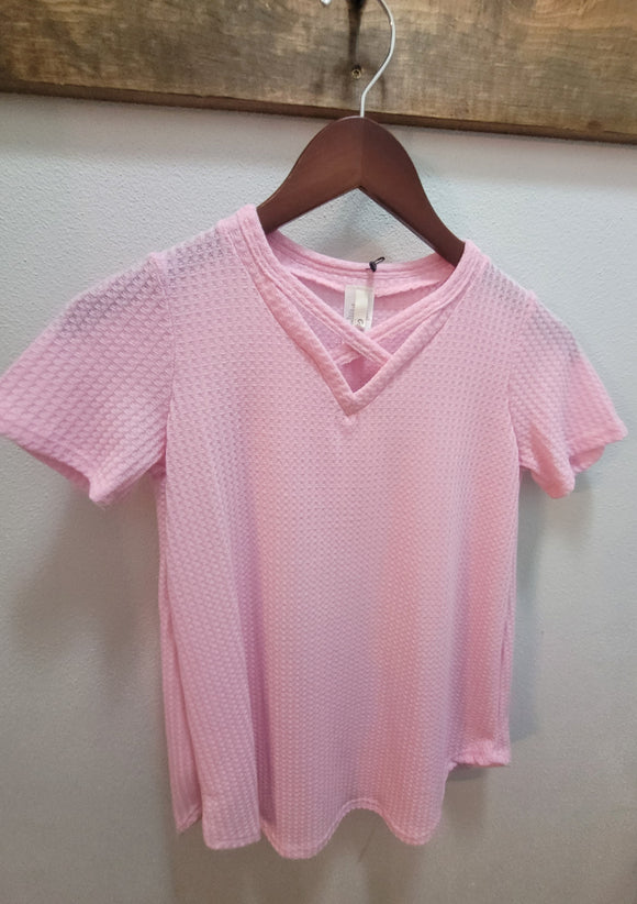 Girl's Waffle Criss Cross Top - Pink