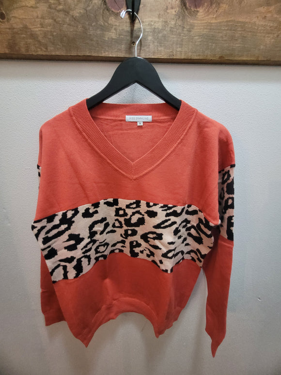 V-Neck Leopard Color Block Top - Orange