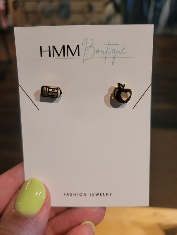 Apple & Pencil Stud Earrings - Gold