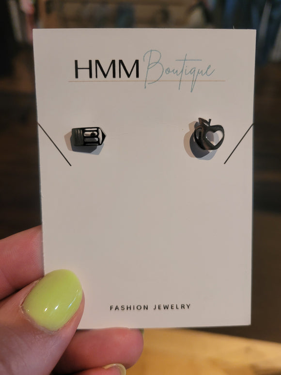 Apple & Pencil Stud Earrings - Silver