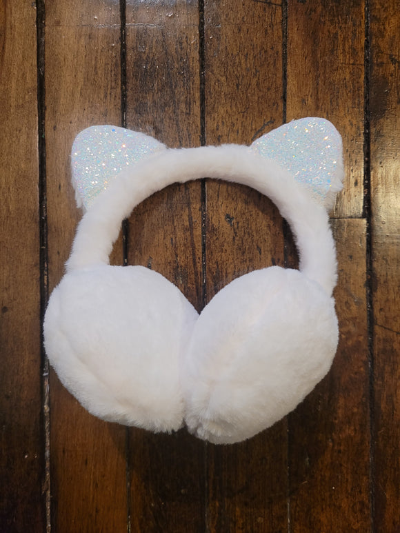 Sequin Cat Ear Earmuffs - White