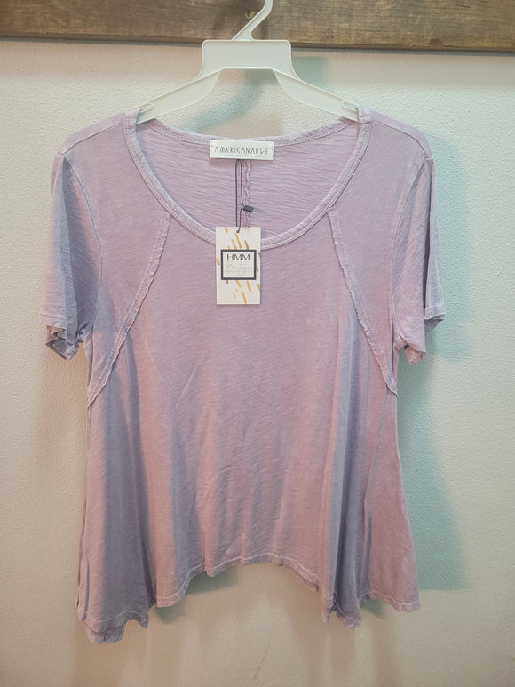 Round Neck Acid Wash Casual Tee - Lavender