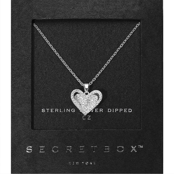 Secret Box 14K Gold Dipped CZ Paved Heart Pendant Necklace: Rhodium