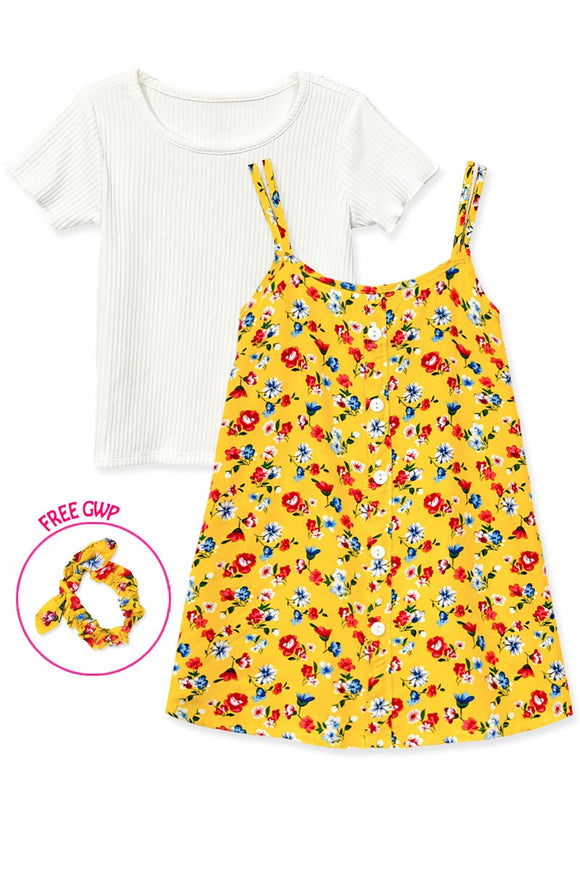 Girl's Yellow Floral Dress w/ Ribbed Top