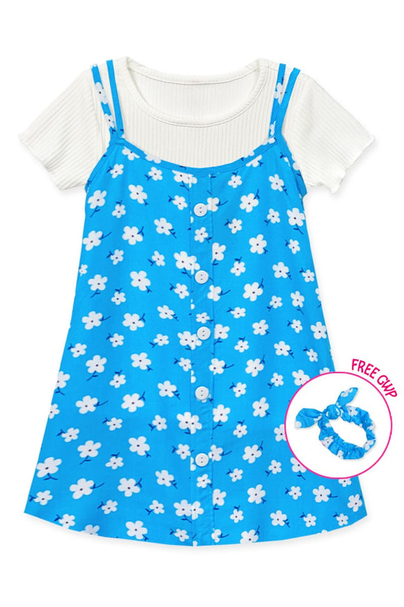 Girl's Blue Floral Dress w/ Ribbed Top
