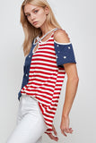 Criss Cross Neck Cold Shoulder Patriotic Top
