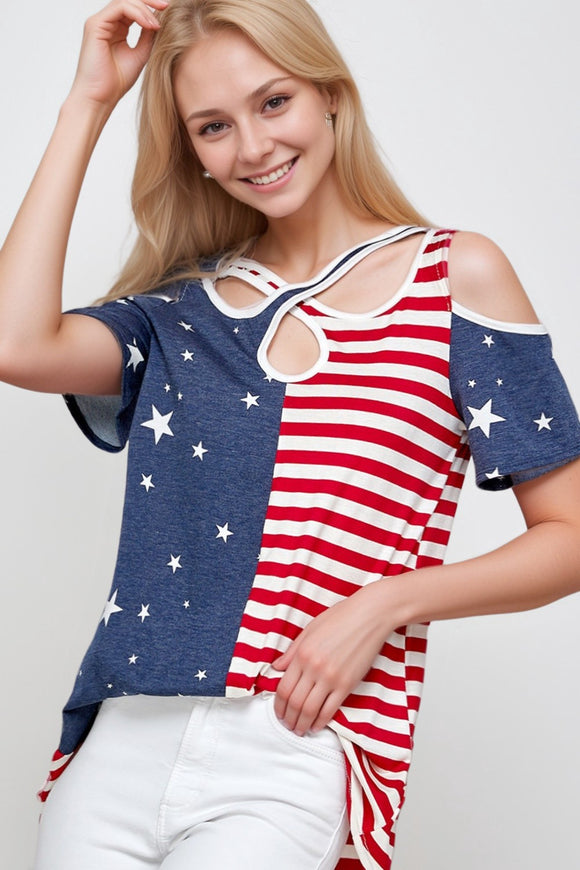 Criss Cross Neck Cold Shoulder Patriotic Top