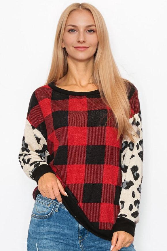 Curvy Plaid & Animal Print Long Sleeve Top