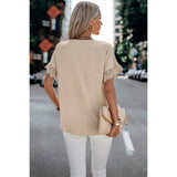 Solid Lace Trim Sleeve V-Neck Fit Blouse - Beight