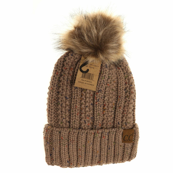 Fuzzy Lined Flecked Fur Pom CC Beanie: Taupe