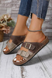 Western Suede Rivet Buckle Strap Slide Sandals: Coffee