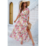 Floral Print V-Neck Waist Cinched Split Long Dress