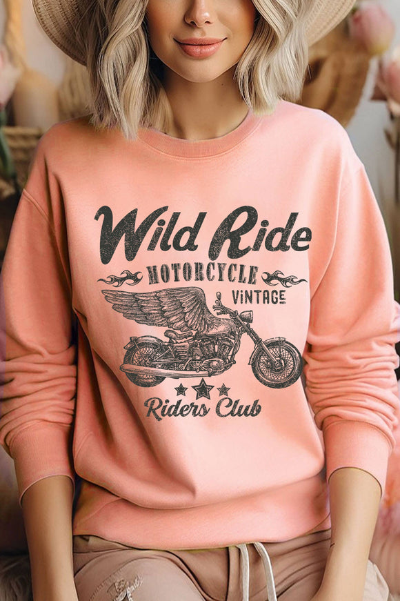 Wild Ride Motorcycle Graphic Brushed Sweatshirt: Coral