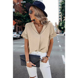 Solid Lace Trim Sleeve V-Neck Fit Blouse - Beight