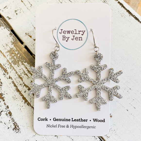 Snowflake Earrings: Silver Fine Glitter