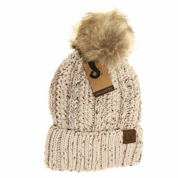 Fuzzy Lined Flecked Fur Pom CC Beanie: Oatmeal