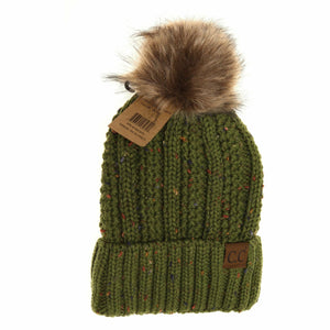 Fuzzy Lined Flecked Fur Pom CC Beanie: Olive