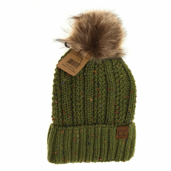Fuzzy Lined Flecked Fur Pom CC Beanie: Olive