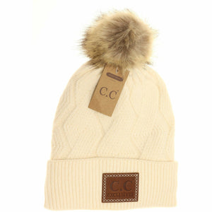 Geometric Knit Faux Fur Pom Beanie: Cream