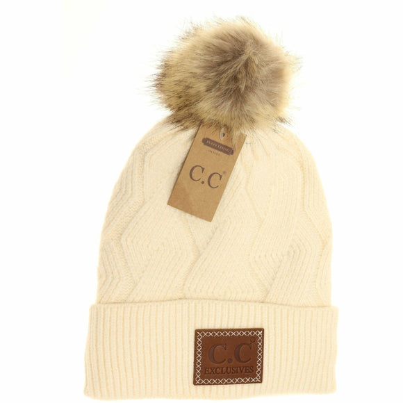 Geometric Knit Faux Fur Pom Beanie: Cream
