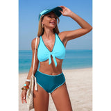 Teal Two Piece Tie Knot High Waisted Swimsuit