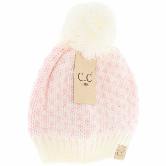 Kids Heart Knit Pom Beanie: Ivory/Pink