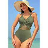 Halter Cross Lace One Piece Swimsuit - Olive