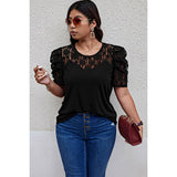 Curvy Solid Lace Ruffle Sleeve Hollow Out Top
