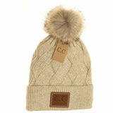 Geometric Knit Faux Fur Pom Beanie: Beige