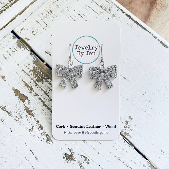 Bow Earrings: Silver Fine Glitter