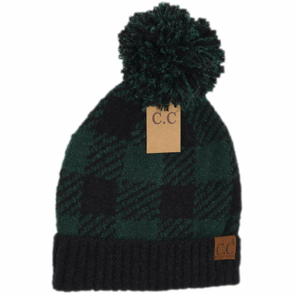 Buffalo Print Jacquard Knit Pom Beanie: Black/Deep Pine