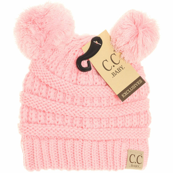 BABY Solid Double Pom CC Beanie: Pale Pink