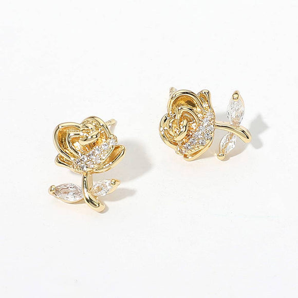 14K Gold Dipped CZ Stone Paved Rose Romance Stud Earrings
: Gold
