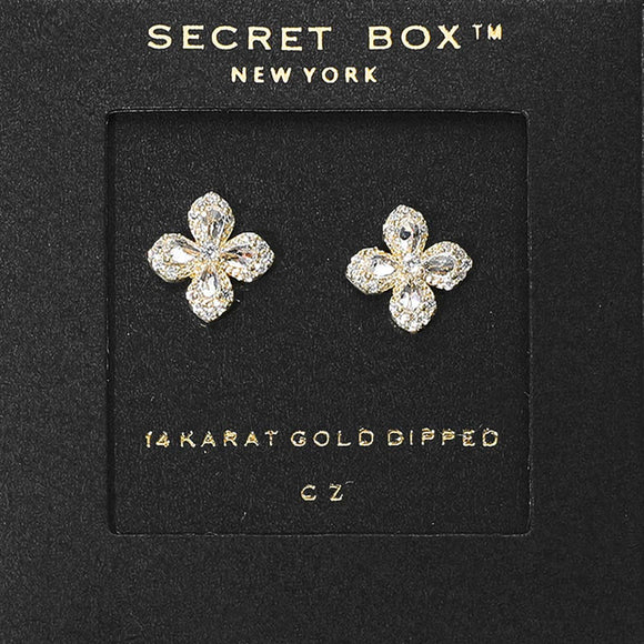 Secret Box 14K Gold Dipped CZ Stone Flower Stud Earrings: Gold