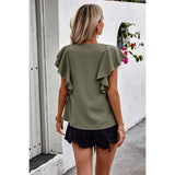 Solid Ruffle Trim Button Down Fit Blouse - Olive