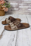 Western Suede Rivet Buckle Strap Slide Sandals: Coffee
