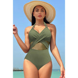 Halter Cross Lace One Piece Swimsuit - Olive