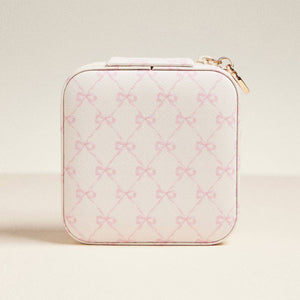 Pink Bow Pattern Portable Square Jewelry Box: Ivory