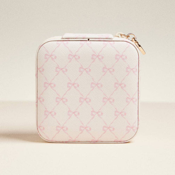 Pink Bow Pattern Portable Square Jewelry Box: Ivory