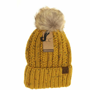 Fuzzy Lined Flecked Fur Pom CC Beanie: Mustard