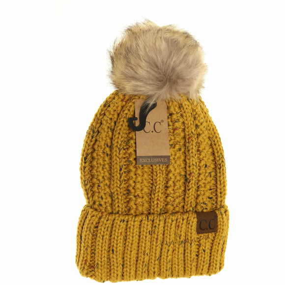 Fuzzy Lined Flecked Fur Pom CC Beanie: Mustard