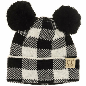 BABY Buffalo Plaid Pom Pom Beanie: Black/White