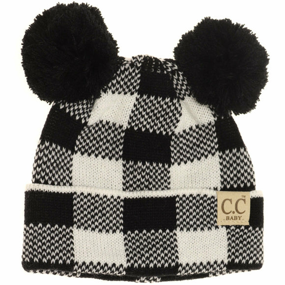 BABY Buffalo Plaid Pom Pom Beanie: Black/White