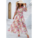 Floral Print V-Neck Waist Cinched Split Long Dress