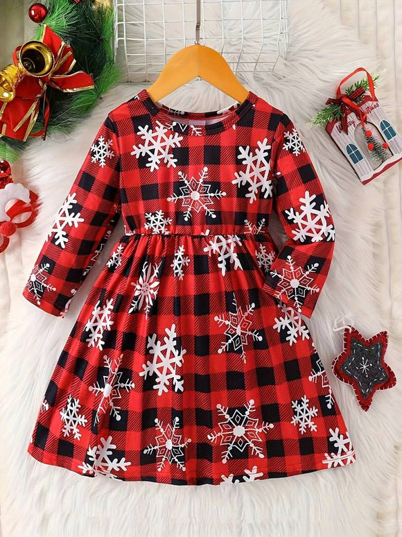 Toddler Buffalo Plaid Snowflake Long Sleeve Dress
