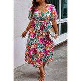 Curvy Floral Butterfly Sleeve Belted Dress
