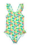 Girl's Green Tropical Flower Print Swimsuit w/ Ruffle Detail
